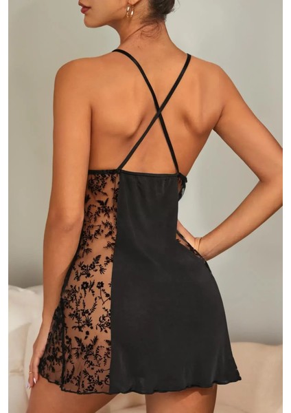 Kadın Siyah Renk Çapraz Sırt Dekolteli Transparan Dantelli Gecelik