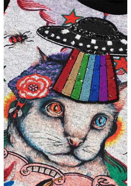 Kadın Siyah Gri Kediler Uzaylıdır Pul Detaylı Sweatshirt