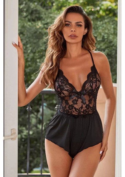 Kadın Siyah Çapraz Ip Detaylı Şık Gecelik