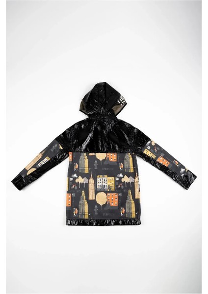 Kadın Siyah Sokak Resmi Baskılı Parlak Yağmurluk