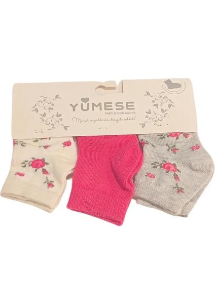 Kız Bebek Fuşya Gri Beyaz Gül Detaylı Pamuklu Mevsimlik 3'lü Set Soket Çorap