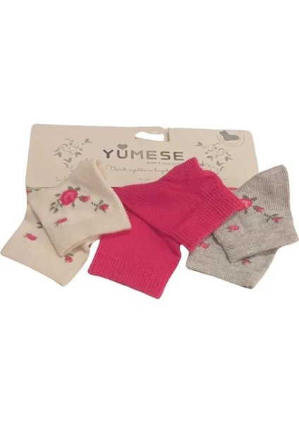 Kız Bebek Fuşya Gri Beyaz Gül Detaylı Pamuklu Mevsimlik 3'lü Set Soket Çorap