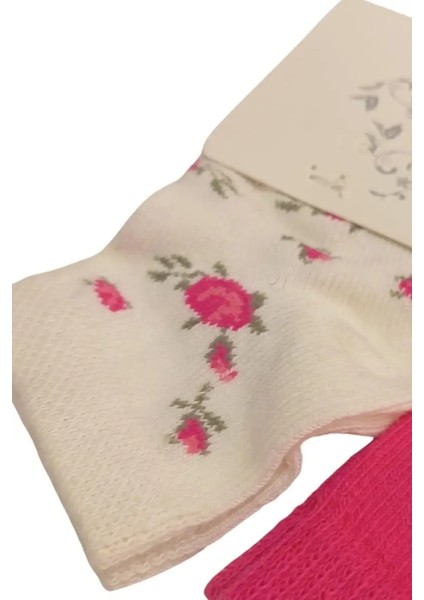 Kız Bebek Fuşya Gri Beyaz Gül Detaylı Pamuklu Mevsimlik 3'lü Set Soket Çorap