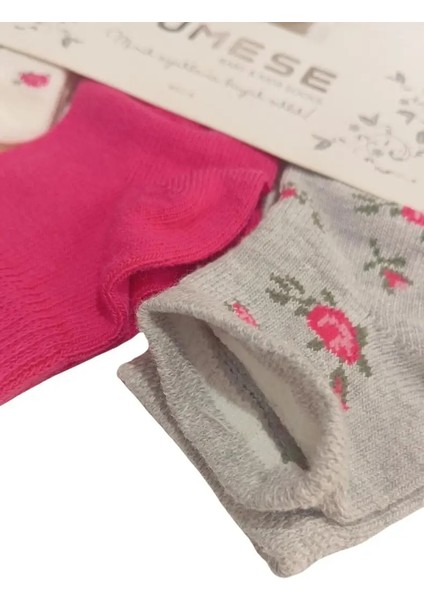 Kız Bebek Fuşya Gri Beyaz Gül Detaylı Pamuklu Mevsimlik 3'lü Set Soket Çorap