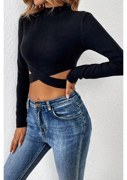 Kadın Çapraz Detaylı Uzun Kol Siyah Crop