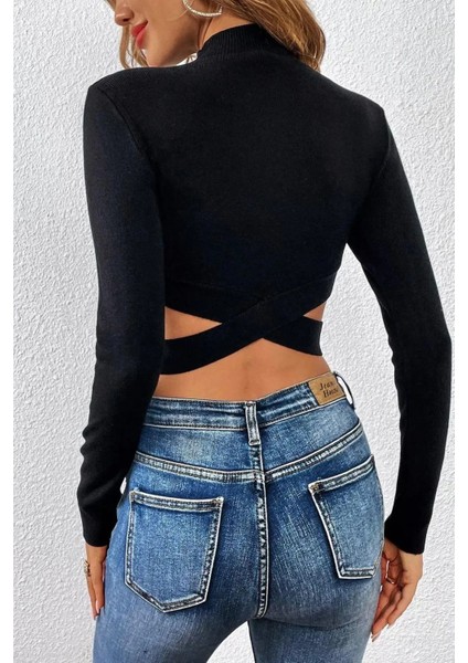 Kadın Çapraz Detaylı Uzun Kol Siyah Crop