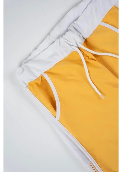 Kadın Beyaz Fileli Çizgili Sarı Eşofman Altı