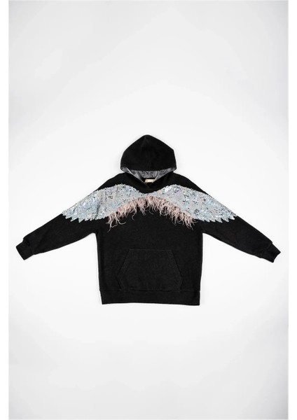 Kadın Gri Omuzdan Kola Pullu Kapşonlu Cepli Sweatshirt indirimleri