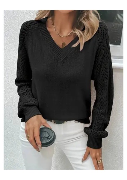 Kadın Uzun Kollu V Yaka Kol Delikli Baklava Desen Triko Kazak indirimleri