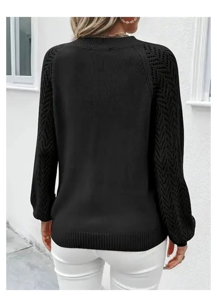 Kadın Uzun Kollu V Yaka Kol Delikli Baklava Desen Triko Kazak