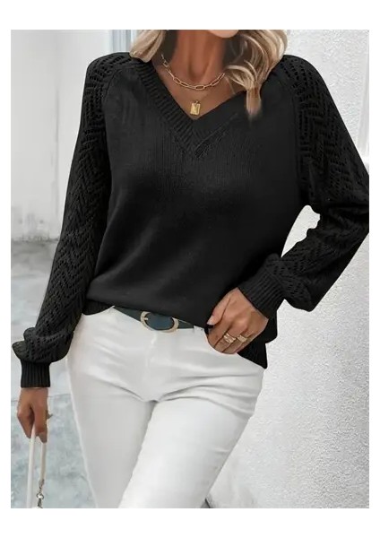 Kadın Uzun Kollu V Yaka Kol Delikli Baklava Desen Triko Kazak