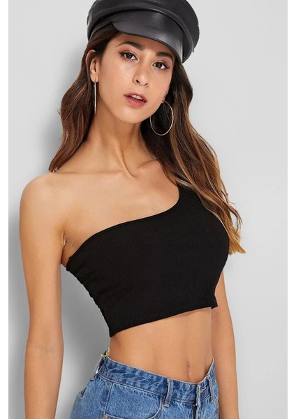 Kadın Siyah Tek Omuz Fitted Slim Crop Büstiyer