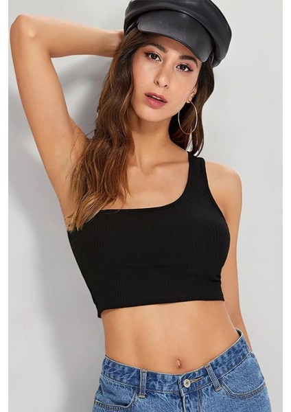 Kadın Siyah Tek Omuz Fitted Slim Crop Büstiyer