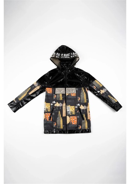 Kadın Siyah Sokak Resmi Baskılı Parlak Yağmurluk