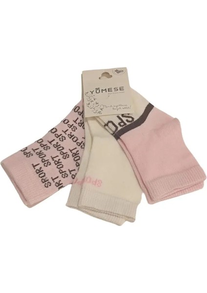 Kız Bebek Pembe Beyaz Yazı Detaylı Pamuklu Mevsimlik 3'lü Set Soket Çorap