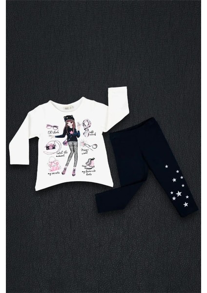 Kız Bebek Beyaz Lacivert Baskılı Mevsimlik Tişört Tayt Takım indirimleri