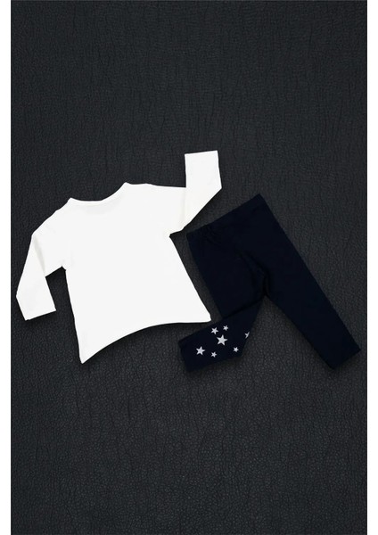 Kız Bebek Beyaz Lacivert Baskılı Mevsimlik Tişört Tayt Takım