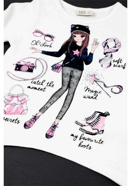 Kız Bebek Beyaz Lacivert Baskılı Mevsimlik Tişört Tayt Takım