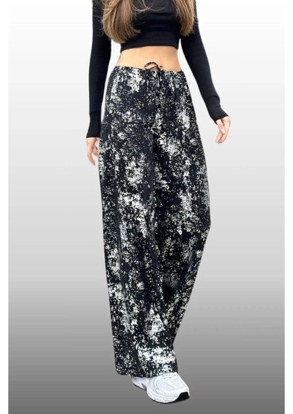 Kadın Varak Baskılı Siyah Renk Mevsimlik Beli Lastikli Geniş Paça Pantolon