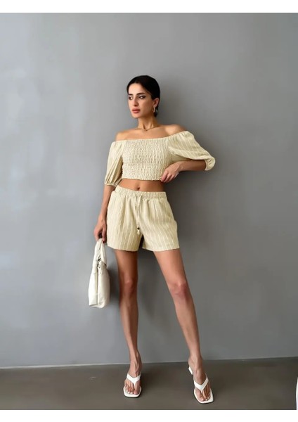 Kadın Taş Ikili Keten Crop Şort Astarlı Alt Üst Takım fırsatları
