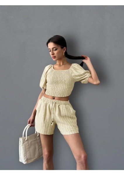 Kadın Taş Ikili Keten Crop Şort Astarlı Alt Üst Takım indirimleri