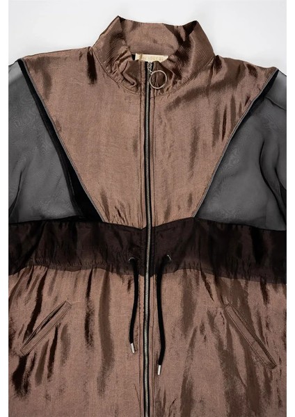 Kadın Kahverengi Uzun Parlak Şifon Fermuarlı Tunik