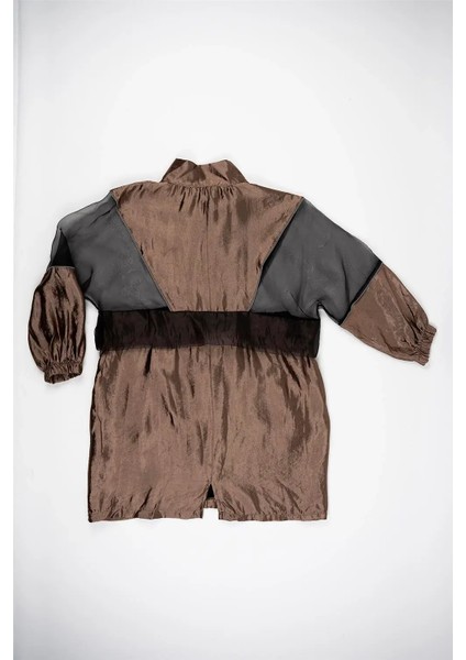 Kadın Kahverengi Uzun Parlak Şifon Fermuarlı Tunik