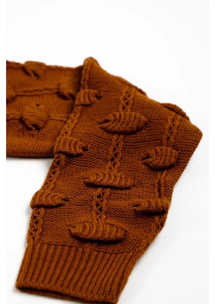 Kadın Kahverengi V Yaka Kol Detaylı Kazak