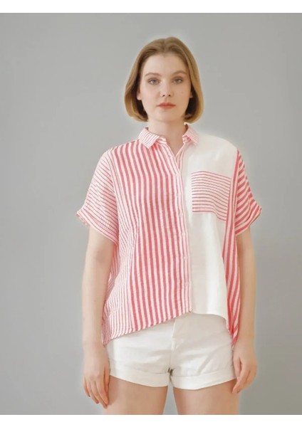 Kadın Keten Oversize Pembe Cizgili Beyaz Kısa Kollu Gömlek indirimleri