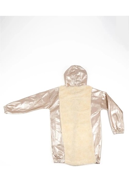 Kadın Krem Kapşonlu Kürk Leopar Detaylı Fırsat Mont