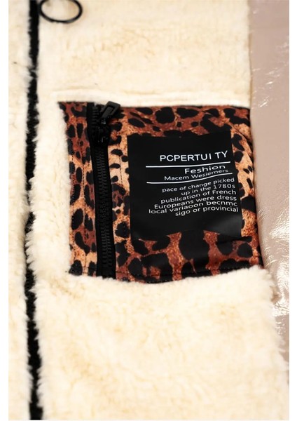 Kadın Krem Kapşonlu Kürk Leopar Detaylı Fırsat Mont