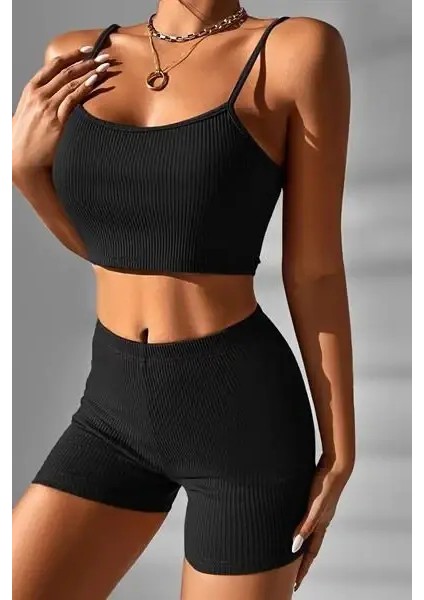 Kadın Kaşkorse Siyah Kolsuz Ip Askılı Ikili Set