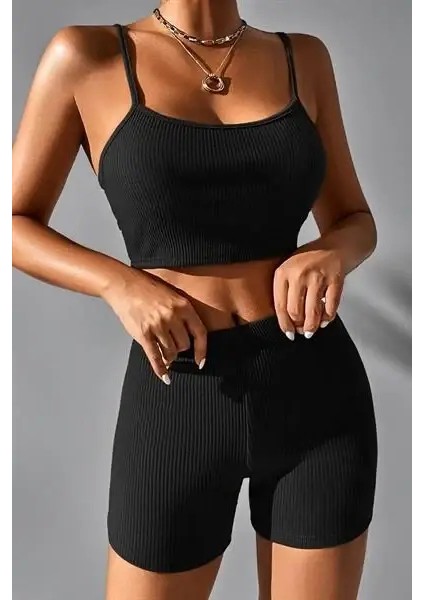 Kadın Kaşkorse Siyah Kolsuz Ip Askılı Ikili Set