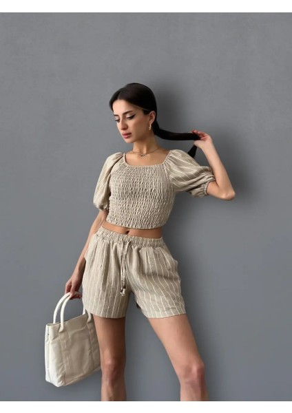 Kadın Krem Ikili Keten Crop Şort Astarlı Alt Üst Takım