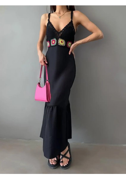 Kadın Keten Siyah Renk Örgü Desenli Askılı Yazlık Uzun Elbise