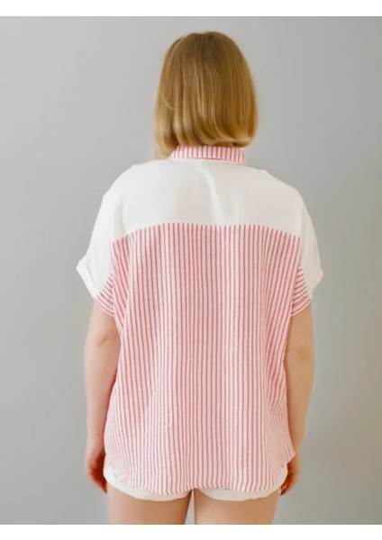 Kadın Keten Oversize Pembe Cizgili Beyaz Kısa Kollu Gömlek