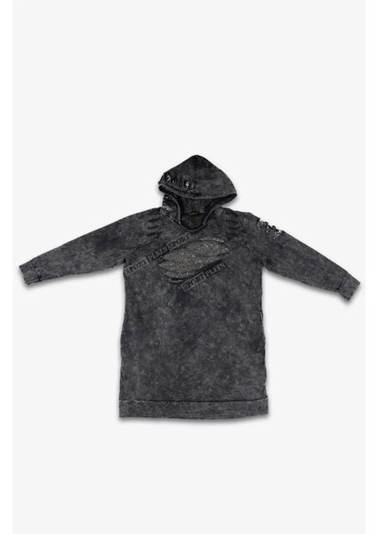 Kadın Gri Mermer Desenli Uzun Sweatshirt