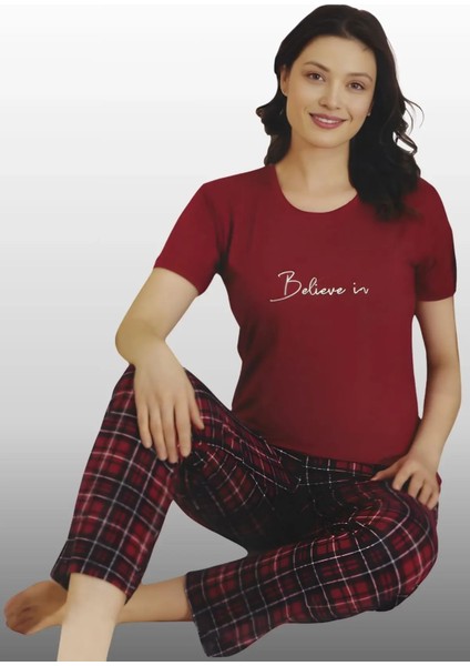 Kadın Bordo Renk Likralı Yumuşak Dokulu Kısa Kol Pijama Takımı fiyatları