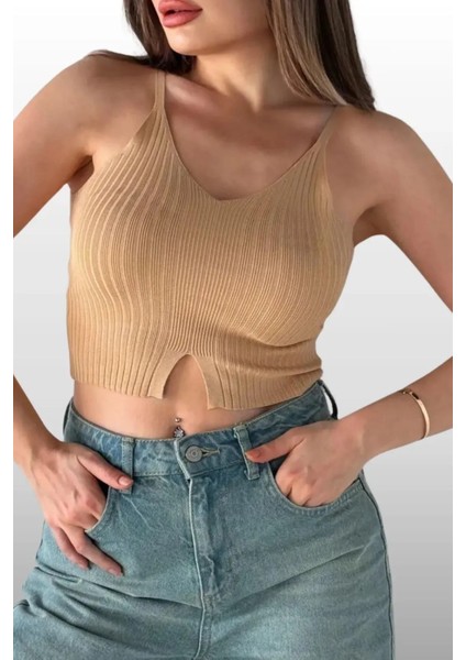 Kadın Camel Askılı Cut Out Fitted Slim Crop fiyatları