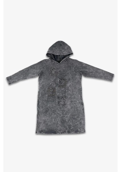 Kadın Gri Mermer Desenli Taşlı Uzun Sweatshirt