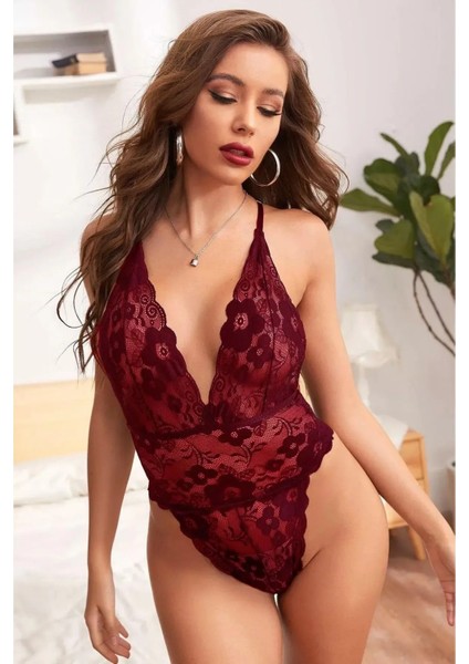 Kadın Bordo Dantel ve Ip Detaylı Şık Babydoll