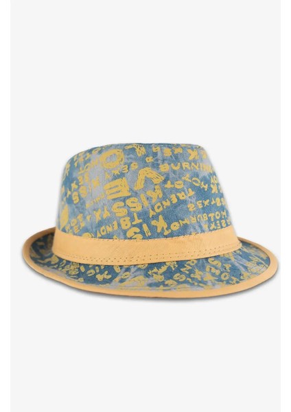 Erkek Çocuk Mavi Sarı Yazı Detaylı Fötr Şapka indirimleri