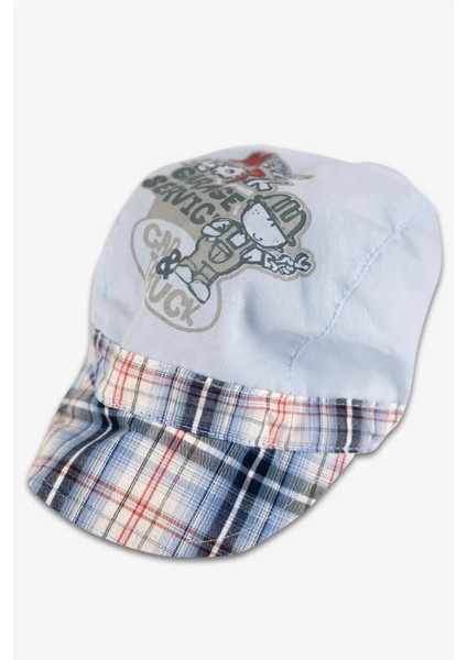Erkek Çocuk Mavi Resimli Kareli Kasket Şapka
