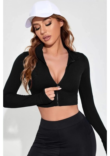 Kadın Fermuarlı Parmak Geçme Detaylı Top Bluz Dik Yaka Siyah Uzun Kol Crop
