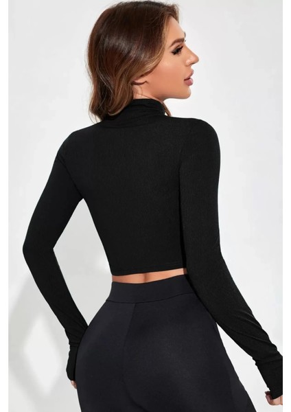 Kadın Fermuarlı Parmak Geçme Detaylı Top Bluz Dik Yaka Siyah Uzun Kol Crop