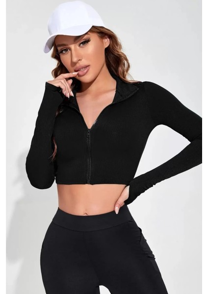 Kadın Fermuarlı Parmak Geçme Detaylı Top Bluz Dik Yaka Siyah Uzun Kol Crop