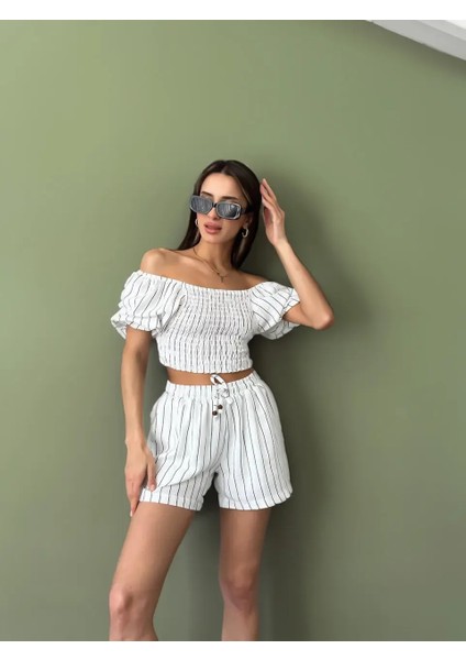 Kadın Beyaz Ikili Keten Crop Şort Astarlı Alt Üst Takım indirimleri