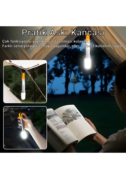 X723 Şarjlı Kamp Feneri ve El Feneri | 9 Modlu LED + Cob Işık, Zoom, Type-C Şarjlı, Askılı