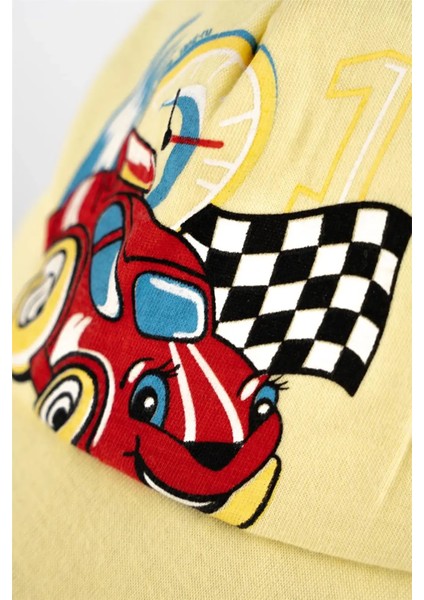 Erkek Çocuk Sarı Kırmızı Yarış Arabalı Kasket Şapka