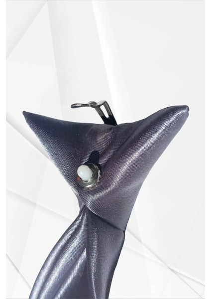 Erkek Çocuk Saten Çelik Gri Renk Kuşgözü Klipsli Kravat